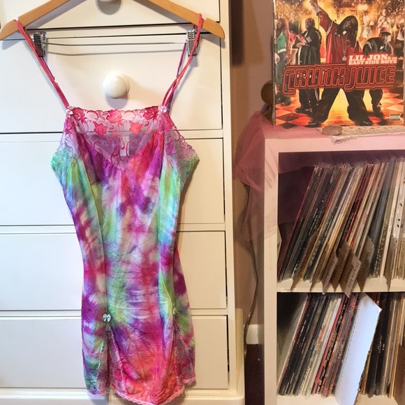 Vintage Other - Custom Y2k Milkmaid Slip Vintage Mini Dress Lace Trim Rainbow Tie Dye Colorful